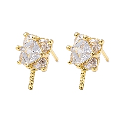 Plaqué 18K Or Véritable Boucles d'oreilles en laiton plaqué en rack, micro pavé de zircone cubique, résultats de boucles d'oreilles, sans cadmium et sans nickel et sans plomb, carrée, réel 18 k plaqué or, 11x7mm, pin: 0.8 mm