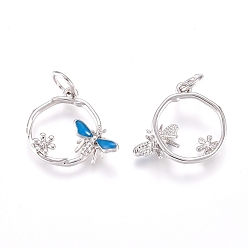 Platin Farbe Messing Charme, mit Emaille und Biegeringen, Ring mit Schmetterling & Blume, Himmelblau, Platin Farbe, 11.5x14x3 mm, Loch: 3.2 mm
