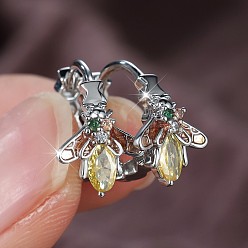 Platinum Brass Micro Pave Cubic Zirconia Huggie Hoop Earrings, Bees, Platinum, 12.9x9.2mm