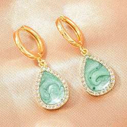 Medium Aquamarine Brass Micro Pave Cubic Zirconia Hoop Dangle Earrings, with Enamel, Teardrop, Lead Free & Cadmium Free, Rack Plating, Long-Lasting Plated, Real 18K Gold Plated, Medium Aquamarine, 32x12mm