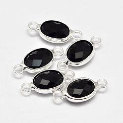 Black Oval Faceted Silver Color Plated Brass Glass Links connectors, Black, 14.5~15x6.5~7.5x3.2mm, Hole: 1mm