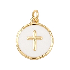 Белый Латунь эмаль подвески, с целью перехода в кольце, плоские круглые с поперечными прелести, без свинца и без кадмия, долговечный, реальный 18 k позолоченный, стойки покрытие, белые, 16.5x14x1.5 мм, отверстие : 2.5 мм