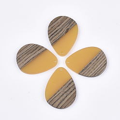 Gold Anhänger aus Harz und Walnussholz, Träne, Gold, 36x26.5x3~4 mm, Bohrung: 2 mm