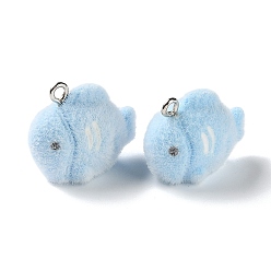 Fish Ocean Theme Flocking Opaque Resin Pendants, with Platinum Iron Loop, Fish Charm, 17.5x13x21.5mm, Hole: 2mm