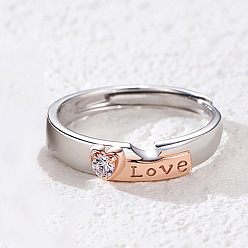 Сердце Кольца из латуни с микропаве, прозрачные кольца с кубическим цирконием, Слово любовь, платиной и золотом, сердце, внутренний диаметр: регулируемый
