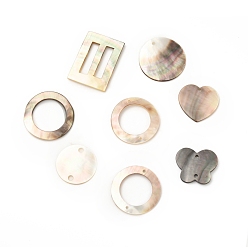 Mixed Color Natural Black Lip Shell Pendants & Links Connectors & Linking Rings, Mixed Shapes, Mixed Color, 22~30x24.5~35x1~2.5mm, Hole: 1.2~3mm