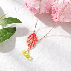 Оранжевый Женские ожерелья с подвеской в форме листа из стеклянных бусин ручной работы, латунным кабелем и цепочкой, золотые, оранжевые, 15.51 дюйм (39.4 см)