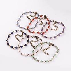 Mixed Stone Antique Bronze Iron Mixed Stone Bead Anklets, with Brass Lobster Claw Clasps, 240mm