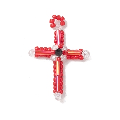 Красный Стеклянные подвески из бисера, крест очарование, с использованием бусин из черного оникса, окрашенных натуральными красителями и подвергнутых термической обработке, а также стеклянных бусин, покрытых гальваническим способом., красные, 37.5x25.5x5.5 мм, отверстие : 2.5 мм