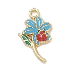 Светло-Голубой Подвески из эмали и сплава, цветок с подвеской в виде божьей коровки, золотые, Небесно-голубой, 22x12x2.5 мм, отверстие : 1.8 мм