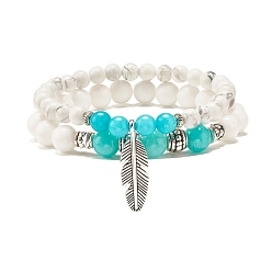 Mixed Stone 2Pcs 2 Style Natural Stone Round Beaded Stretch Bracelets Set with Feather Charm for Women, Inner Diameter: 2-1/8~2-1/4 inch(5.4~5.6cm)