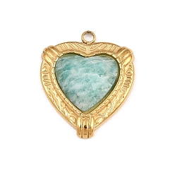 Heart Natural Amazonite Faceted Pendants, 304 Stainless Steel Geometric Bezeled Charms, Golden, Heart, 18x15x4.5mm, Hole: 1.5mm