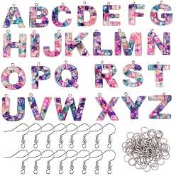 Mixed Color Alphabet Pendant Earring DIY Making Kit, Including 26Pcs Transparent Epoxy Resin Pendants, 60Pcs Brass Earring Hooks, 90Pcs Iron Open Jump Rings, Mixed Color, Pendants: 26pcs/set