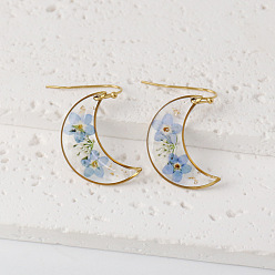 Светло-Голубой Из нержавеющей стали луны 304 мотаться, с фурнитурой из сплава и высушенным в смоле цветком, золотые, Небесно-голубой, 20x14 мм