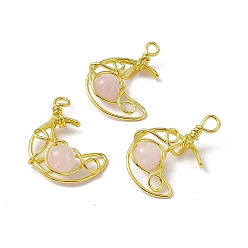 Rose Quartz Natural Rose Quartz Pendants, Moon Charms, with Rack Plating Golden Tone Brass Findings, Cadmium Free & Lead Free, 31.5~33x22x8.5mm, Hole: 2.5~3mm