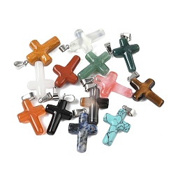 Смешанные камни Подвески-кресты из смешанных натуральных и синтетических камней, с защелкой из нержавеющей стали на поручнях, цвет нержавеющей стали, смешанные окрашенные и неокрашенные, 28~29.5x17.5~18.5x5.5~8 мм, отверстие : 6.5x3.5 мм