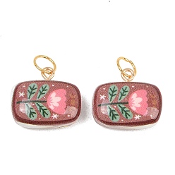 Rectangle Печатные подвески из непрозрачного акрила, с петлями из нержавеющей стали, золотые, прямоугольник с цветочным узором подвески, 18x20x8.5 мм, Перейти кольцо: 7x0.7 мм, внутренний диаметр: 5.7 мм