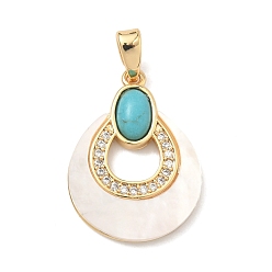 Золотой Латунные микропаве прозрачные подвески с фианитом, с натуральными ракушками и искусственной бирюзой, слезинки, золотые, 20.5x15x3~4.5 мм, отверстие : 5x2 мм