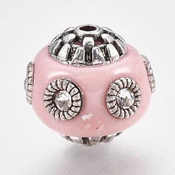 Pink Handmade Indonesia Beads, with Alloy Findings and Rhinestone, Rondelle, Pink, 12~15x11~13mm, Hole: 1.5mm