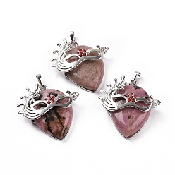 Rhodonite Natural Rhodonite Pendants, Teardrop with Mask Charms, with Rack Plating Platinum Plated Brass Ruby Rhinestone Findings, 37~37.5x34.5~36x10~11mm, Hole: 6x4mm