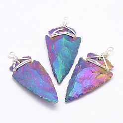 Multi-color Plated Electroplated Quartz Crystal Big Pendants, with Brass Finding, Arrowhead, Silver Color Plated, Multi-color Plated, 47~72x20~32x6~12mm, Hole: 4mm