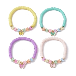 (52) Непрозрачная лаванда Эластичный браслет Heishi Surfer из полимерной глины с акриловыми бусинами, с бабочкой прелести, разноцветные, внутренний диаметр: 2 дюйм (5 см)