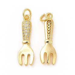 Real 18K Gold Plated Rack Plating Brass Micro Pave Cubic Zirconia Tableware Pendants, Cadmium Free & Lead Free, Fork Charm, with Jump Ring, Real 18K Gold Plated, 24.7x7.5x3mm, Hole: 3.4mm