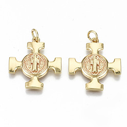 Настоящее золото 16K Латунные подвески, с прыжковых колец, без никеля , крест со святым, реальный 16 k позолоченный, 22.5x20x2.5 мм, Перейти кольцо: 5x0.8 мм, 3.4 мм внутренним диаметром