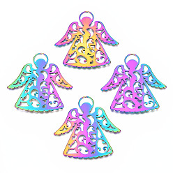 Rainbow Color Ion Plating(IP) 201 Stainless Steel Pendants, Angel, Rainbow Color, 50x49x1mm, Hole: 4x9mm