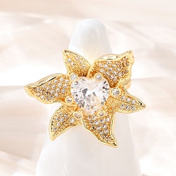 Настоящее золото 18K Регулируемые манжетные кольца с микропаве из кубического циркония из латуни, цветок, со стеклом, стойки покрытие, долговечный, без кадмия и без свинца, реальный 18 k позолоченный, 28x31.5 мм, внутренний диаметр: регулируемый