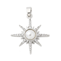 Платина Латунные микропаве прозрачные подвески с фианитом, без кадмия и без свинца, с абс пластмассовой имитационной жемчужиной, солнечные чары, платина, 24x22x5 мм, отверстие : 4x2 мм