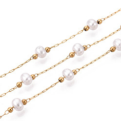 Кремово-белый 304 кабельные цепи из нержавеющей стали, с рондель из АБС-пластика и имитацией жемчуга, реальный 18 k позолоченный, пайки, с катушкой, кремово-белые, 4.5x3.5x4 мм