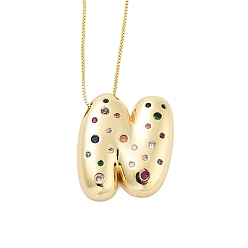 Letter N Латунные ожерелья с подвесками в виде букв из микрофибры с кубическим цирконием, реальный 18 k позолоченный, Письмо N, 17.40~17.80 дюйм (44.2~45.2 см), Кулон : 30.5x26 мм