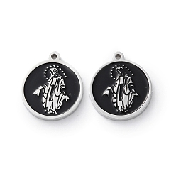 Черный 304 из нержавеющей стали шармы эмали, цвет нержавеющей стали, плоский круглый с девственной мариной, чёрные, 14.5x13x1.5 мм, отверстие : 1 мм