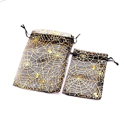 Черный Подарочные мешочки с завязками из органзы и паука на Хэллоуин, мешочки для украшений, подарочные пакеты для свадебной вечеринки, прямоугольные, чёрные, 18x13 см