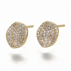 Настоящее золото 18K Латунные микро-паве прозрачные серьги-гвоздики из циркония, с петлей, без никеля , реальный 18 k позолоченный, 10x8 мм, отверстие : 0.9 мм, штифты : 0.9 мм