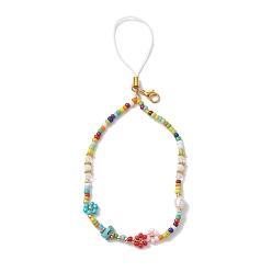 Разноцветный Ремешки для мобильных телефонов из стеклянных семян, натурального говлита и натурального культивированного пресноводного жемчуга, декор для мобильных аксессуаров из нейлонового шнура, цветок, красочный, 17.5 см