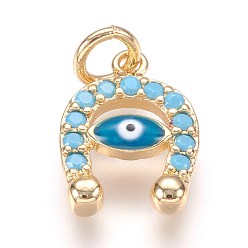 Золотой Латунные микро проложить кубического циркония прелести, реальный 18 k позолоченный, подкова с дурным глазом, 13x10x2.5 мм, отверстие : 3 мм