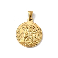 Настоящее золото 18K 304 подвески из нержавеющей стали, ионное покрытие (ip), плоский круглый с человеческим обаянием, реальный 18 k позолоченный, 20x25x2.5 мм, отверстие : 5x3 мм