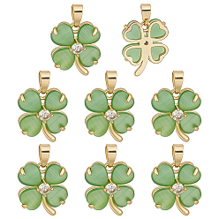 Vert Mer Moyen 8Pendentifs en laiton sertis de micro-pavés de zircone cubique transparente et d'œil de chat, trèfle, or, vert de mer moyen, 15x12.5x4mm, Trou: 5mm