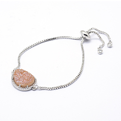 Персиковый Слойка Латунь циркония боло браслеты, слайдерные браслеты, с естественными и гальванизированными веселыми агатовыми кабошонами, платина, розовые, 9-1/2 дюйм (240 мм)