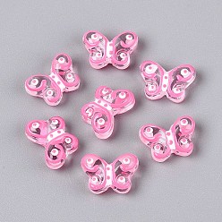 Ярко-Розовый Прозрачные стеклянные бусины, Эмаль стиле, бабочка, ярко-розовый, 10x14.2x6~6.5 мм, отверстие : 1 мм