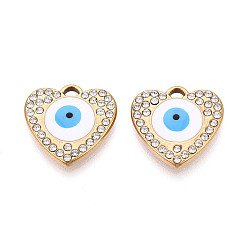 Белый 304 из нержавеющей стали горный хрусталь подвески, обереги в форме сердца и от сглаза, с эмалью, вакуумное покрытие pvd, реальный 18 k позолоченный, белые, 16x16x3 мм, отверстие : 1.6x2.5 мм