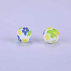 Lawn Green Printed Round with Flower Pattern Silicone Focal Beads, Lawn Green, 15x15mm, Hole: 2mm
