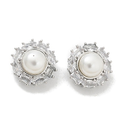Платина Стойка покрытие латунные микропаве прозрачные кубические циркониевые кнопки, с ABS имитации жемчуга, долговечный, без свинца и без кадмия, плоско-круглые, 1-луночное, платина, 15x10.5 мм, отверстие : 1.5 мм
