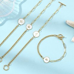 Белый Браслеты из латуни с эмалью и морской тематикой., латунные цепочки-скрепки и панцирные браслеты для женщин, плоская круглая форма с рыбьим хвостом/морской звездой/ракушкой/черепахой, белые, 7.48~7.68 дюйм (19~19.5 см)