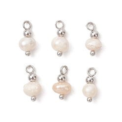 Платина Натуральный пресноводный жемчужный картофель с латунными бусинами-подвесками, цвет морской раковины, платина, 11.5x5.5 мм, отверстие : 1.6 мм