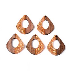 Темно-Оранжевый Подвески из непрозрачной смолы и орехового дерева, слезинки, с блестящей пудрой и золотой фольгой, темно-оранжевый, 32.5x27.5x3 мм, отверстие : 2 мм