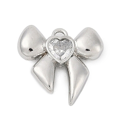 Платина Латунные микро проложить кубического циркония подвески, бантом, прозрачные, платина, 13.5x14x3.5 мм, отверстие : 1.4 мм