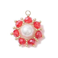 Красный Стеклянные подвески, подсолнечник, со стеклянными жемчужными бусинами и 304 петлями из нержавеющей стали, граненые, красные, 24.5x24.5x10 мм, отверстие : 3 мм